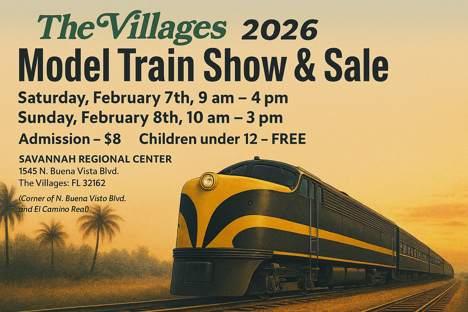 alt="The Villages Model Train Club 2025 Christmas Show poster featuring Santa on a red steam train in snowy holiday scene, free train show December 11–14 at Colony Rec Center, The Villages FL"